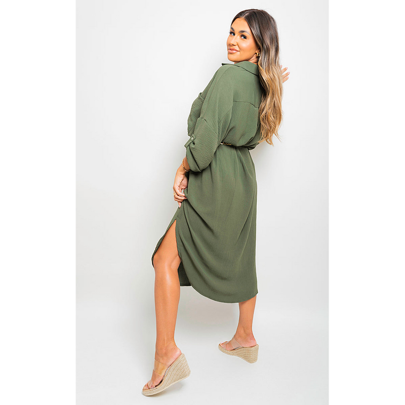 Stunning Rosie Button Down Midi Dress with Pull-Up Sleeves!