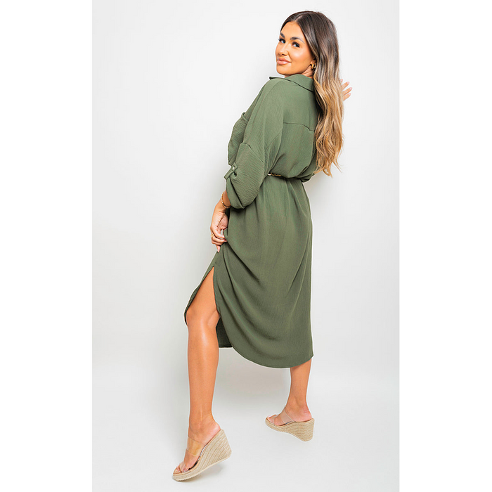 Stunning Rosie Button Down Midi Dress with Pull-Up Sleeves!