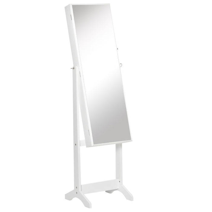 HOMCOM Full Length Mirror with Storage, Jewellery Cabinet with Mirror, Adjustable Angle and Stand, Lockable Jewellery Organiser for Bedroom Dressing Room, White