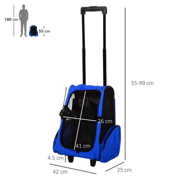 PawHut Pet Travel Backpack Bag Cat Puppy Dog Carrier w/ Trolley and Telescopic Handle Portable Stroller Wheel Luggage Bag (Blue)