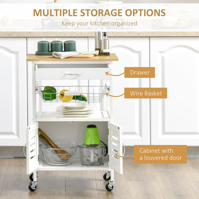 Kitchen Island Trolley Utility CartBamboo Table Top, Storage Cabinet, Drawer