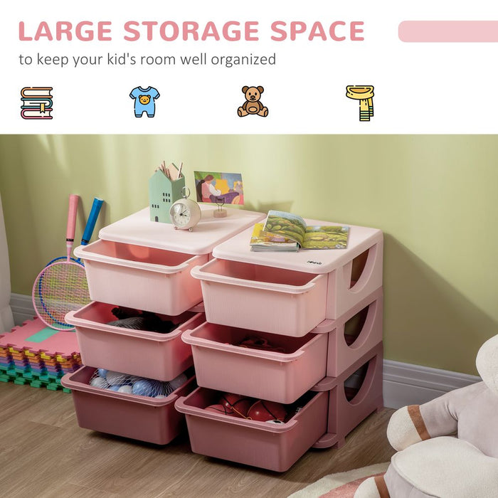 HOMCOM Kids Storage Units with 6 Drawers 3 Tier Chest Vertical Dresser Tower Toy Organizer for Nursery Playroom Kindergarten Pink