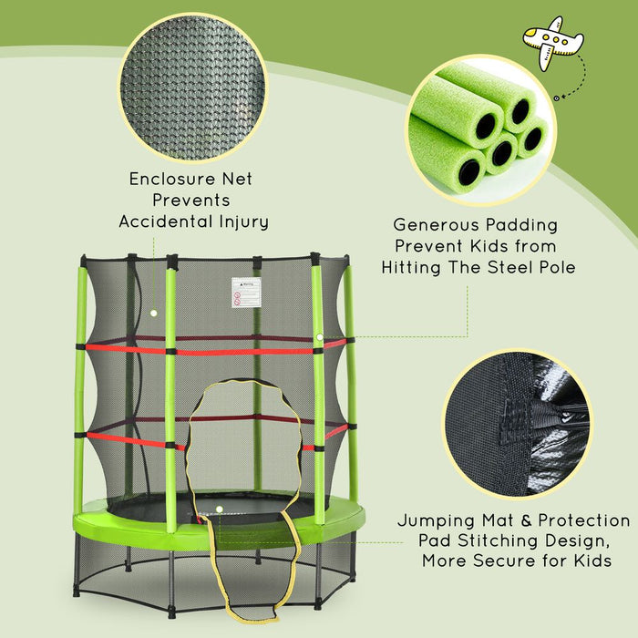 HOMCOM 4.6FT/55 Inch Kids Trampoline Indoor Round Bouncer Rebounder w/Enclosure Net, Steel Frame, for Ages 3-6 Years - Green