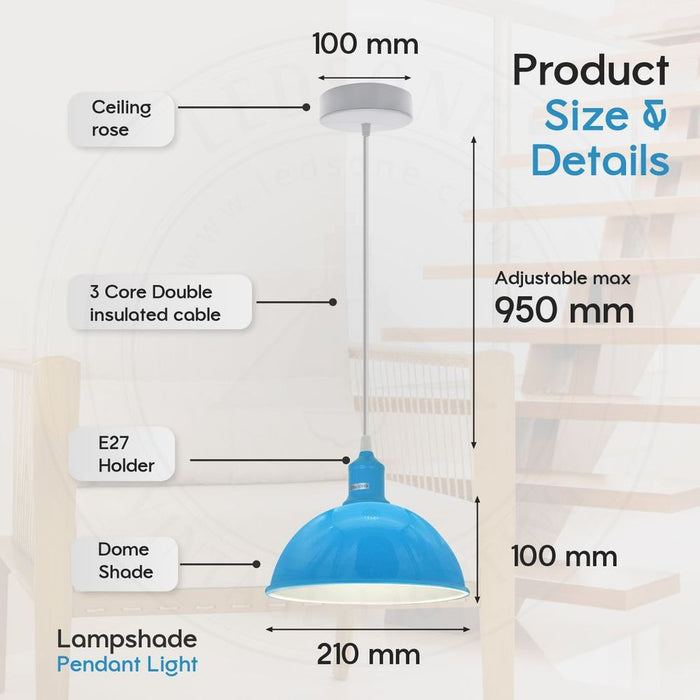 Blue Dome Pendant Lights - 2 Pack, Sturdy Metal, Loft Style, 21cm, Spray Painted, Inner White