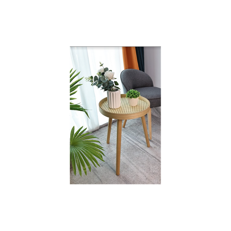 SHLEDECOR Cane Side Table With Rattan Circle Round Table - Solid Matte Oak Finish Legs - Sofa Table Stool End Table