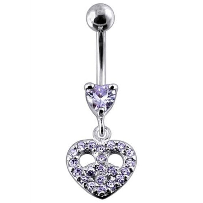 Jeweled Fancy Heart Shape Silver Dangling SS Bar Curved Belly Ring