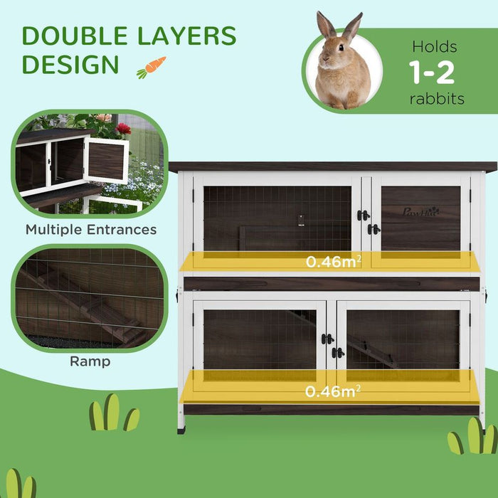 PawHut 2-Tier Rabbit Hutch | Sliding Trays | Ramp | Openable Asphalt Roof