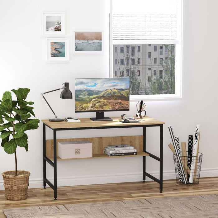 2-Tier Writing Desk Metal Frame Smooth Shelves Storage Shelf Oak Colour