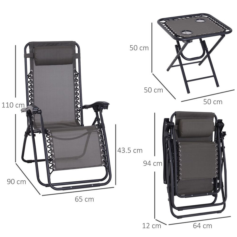 Premium 3PC Zero Gravity Chairs Sun Lounger Table Set Cup Holders | Dark Grey Outsunny