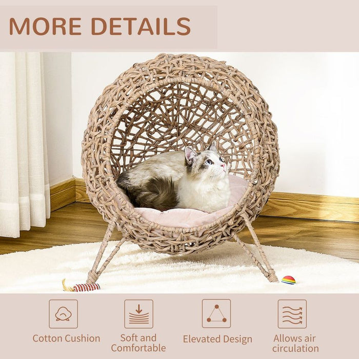 Wicker Cat House, Ball-Shaped Rattan Raised Cat Bed - Natural Wood Finish