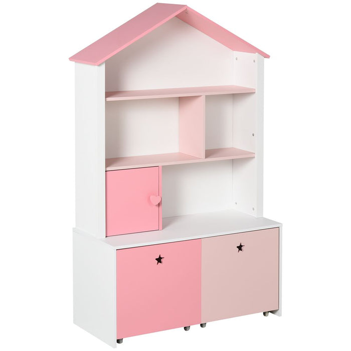 HOMCOM Kids Bookshelf Chest w/Drawer with Wheels Baby Toy Wood Organizer Display Stand Storage Cabinet 80x34x130cm Pink