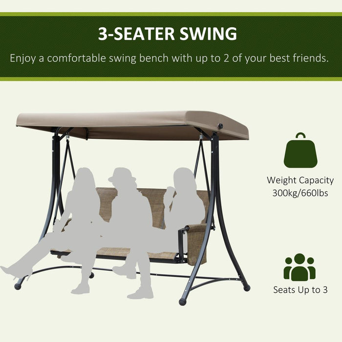 3 Person Swing Chair High Back Design, Side Pouches & Adjustable Canopy, Brown