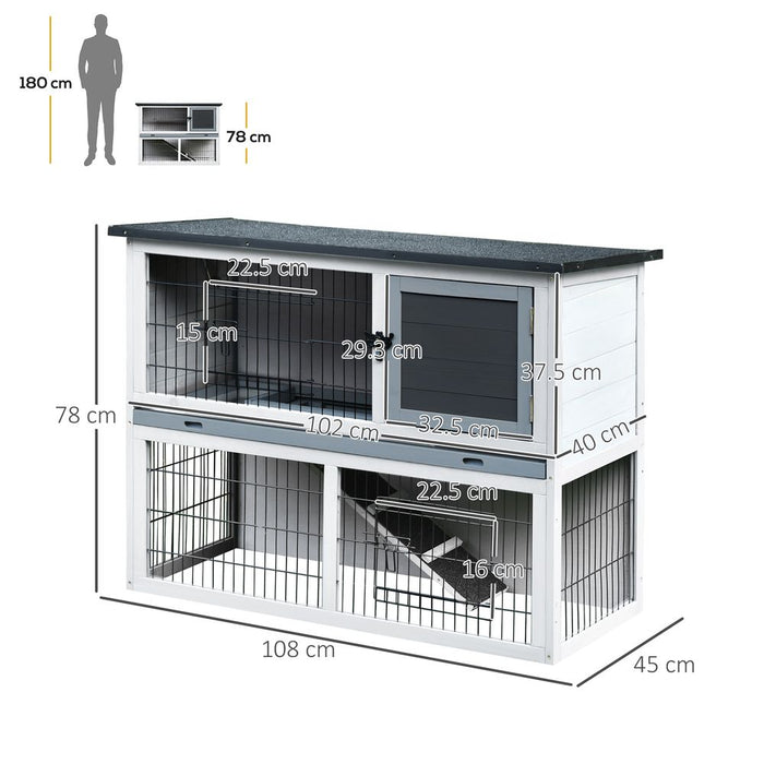 PawHut 2-Tier Wooden Rabbit Hutch Guinea Pig House Bunny Cage Backyard w/Openable Roof Small Animal House for Outdoor Grey, 108 x 45 x 78 cm