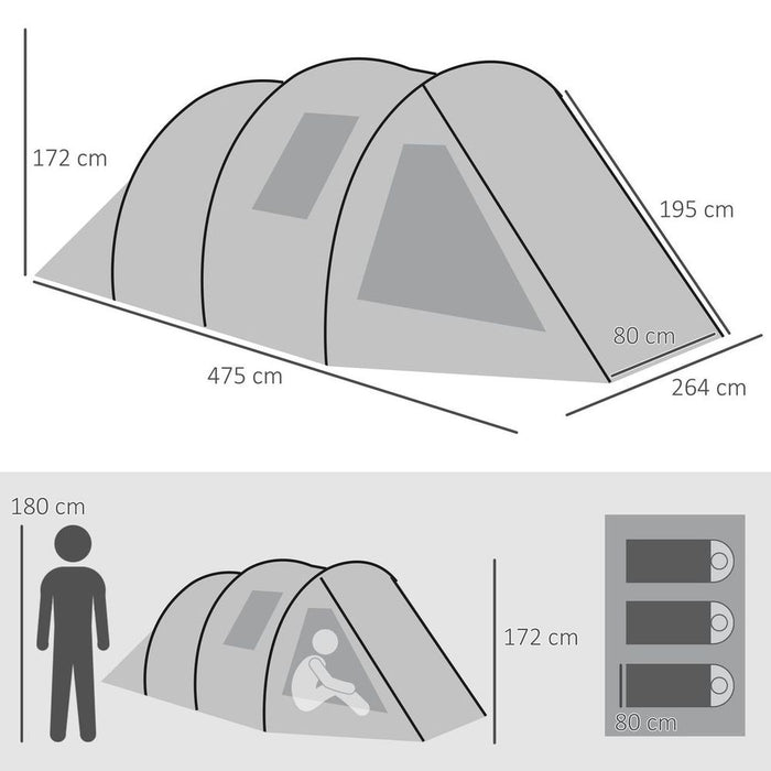 Outsunny 3-4 Persons Tunnel Tent, Two Room Camping Tent w/ Windows, Green