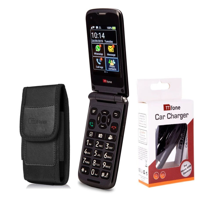 TTfone Titan TT950 Touchscreen Flip Senior Mobile with Holster Case + Car Charger | Giff Gaff SIM