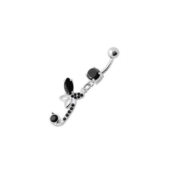 Sterling Silver Fancy Butterfly Jeweled Dangling Curved Bar Belly Ring