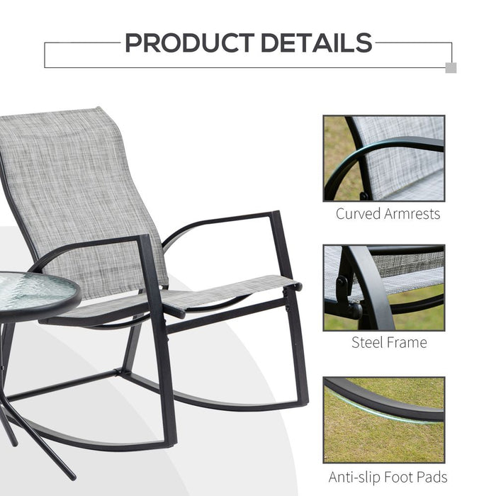 Outdoor Rocking Chair Set w/ Glass Table - Patio Bistro Furniture - Steel Frames