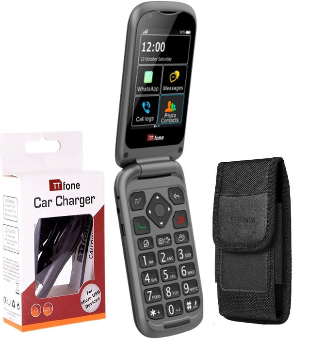 TTfone TT970 4G Flip Big Button Senior Mobile Bundle: Holster Case, Car Charger, Giff Gaff SIM Network