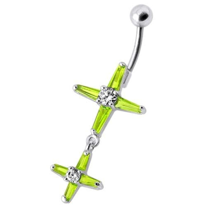 Fancy Double Cross Jeweled Silver Dangling With SS Bar Belly Ring