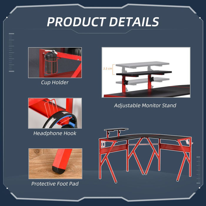 Premium Gaming Desk: L-Shaped PC Workstation, Monitor Stand, 49.25" x 49.25" x 29.5", Red