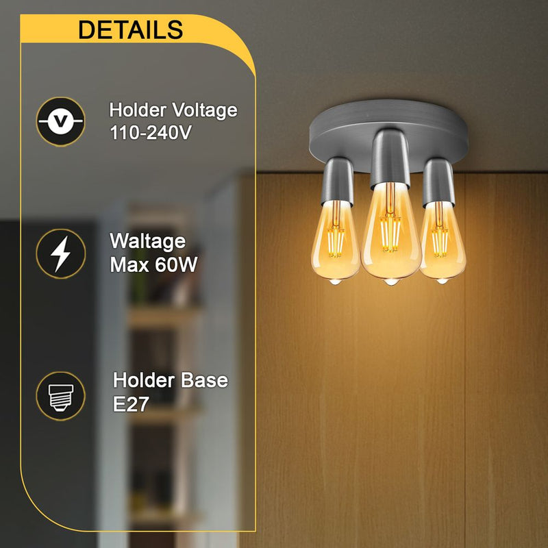 Vintage Satin Nickel Ceiling Light - 3 Way E27 Lamp Base - Semi Flush, High-Quality - Perfect for Any Room