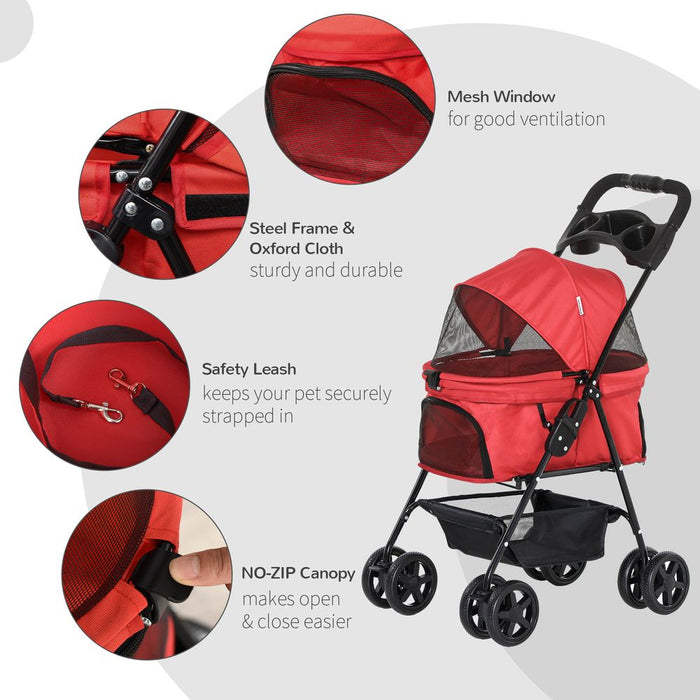 PawHut Dog Pram Dog Stroller Foldable Pet Pushchair with 4 Wheels, Safety Leashes, Cup Holder for Small Dogs, Red