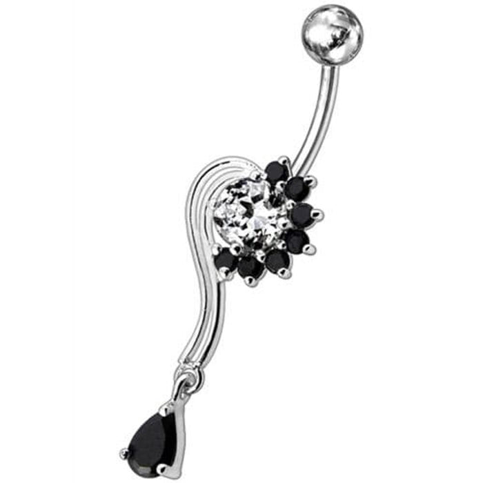 Fancy Flower With Teardrop Jeweled Dangling Navel Body Ring