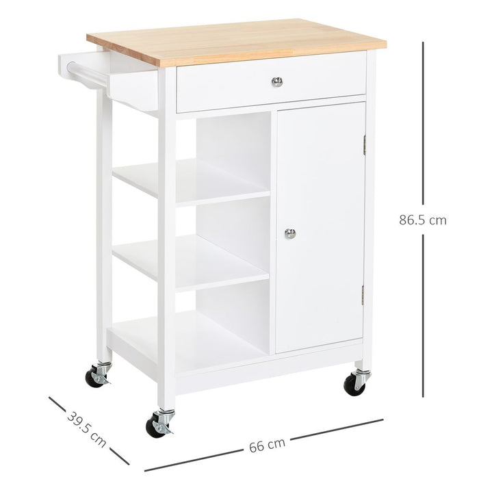 Stylish White MDF Kitchen Trolley: Storage, Shelves, Cupboard, Drawer, Hanging Rail