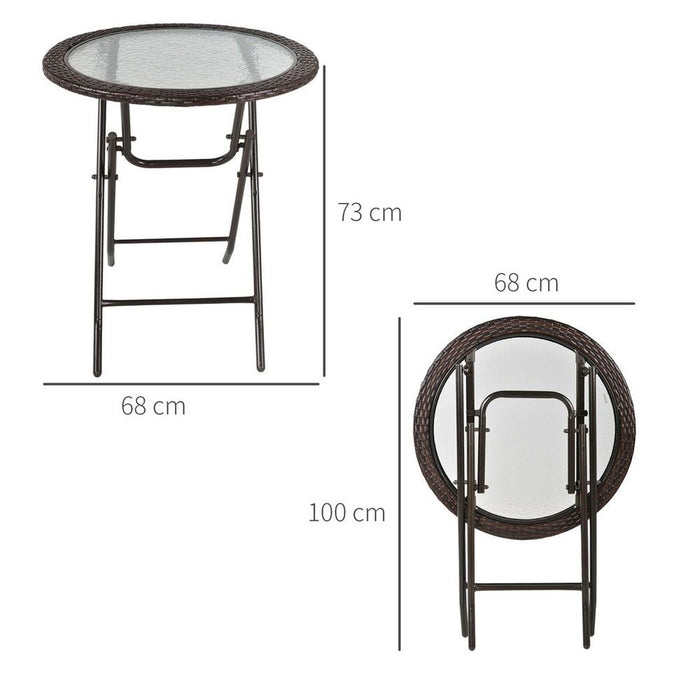 Premium Outsunny Round Glass Metal Table - Folding & Weatherproof - Brown Rattan Edging