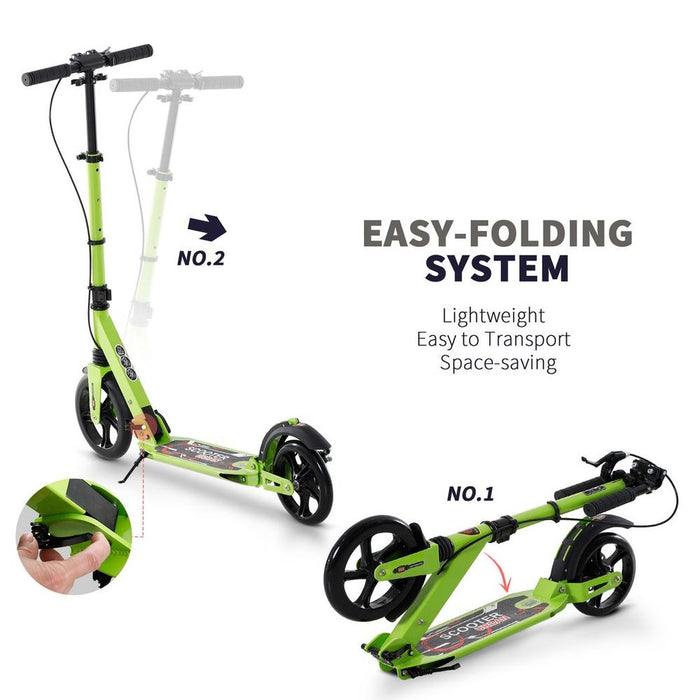 HOMCOM Teens Adult Kick Scooter Fold Adjust 14+ w/ Dual Brake System Green