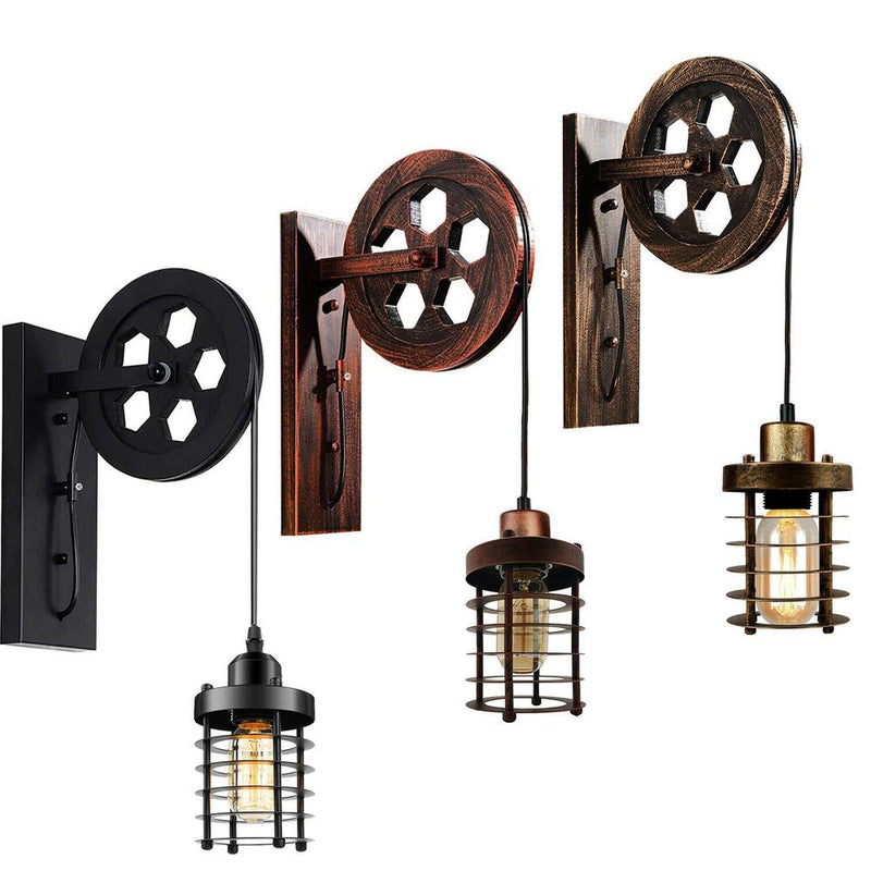Vintage Industrial Adjustable Pulley Wheel Wall Mounted Light ~1222