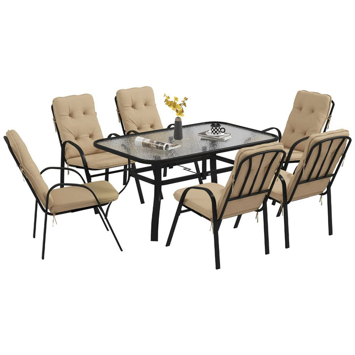 Outsunny 7 PCs Garden Dining Set, Glass Table w/ Umbrella Hole & Cushion, Beige