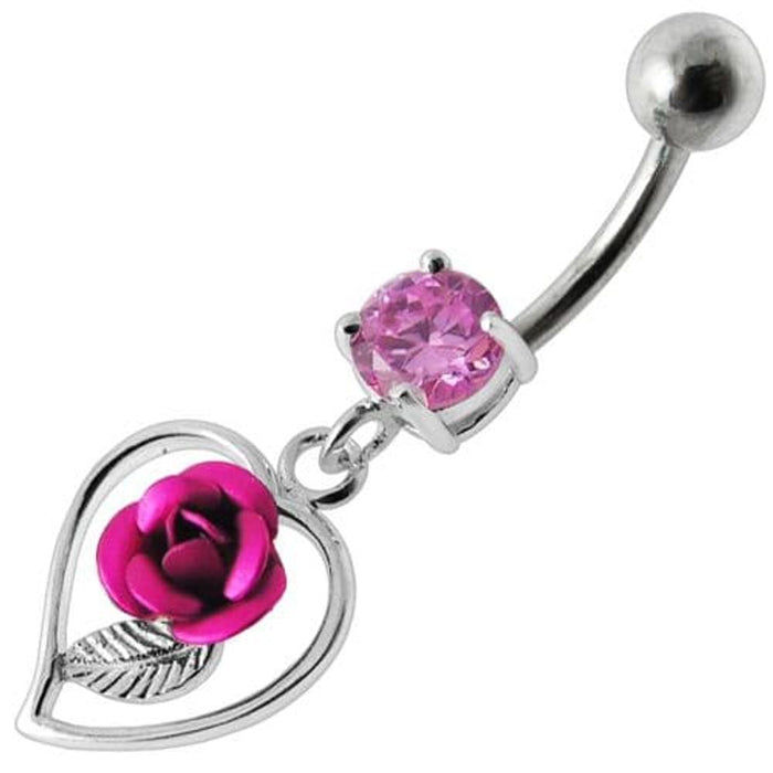 Rose in Heart Jeweled Dangling Belly Ring