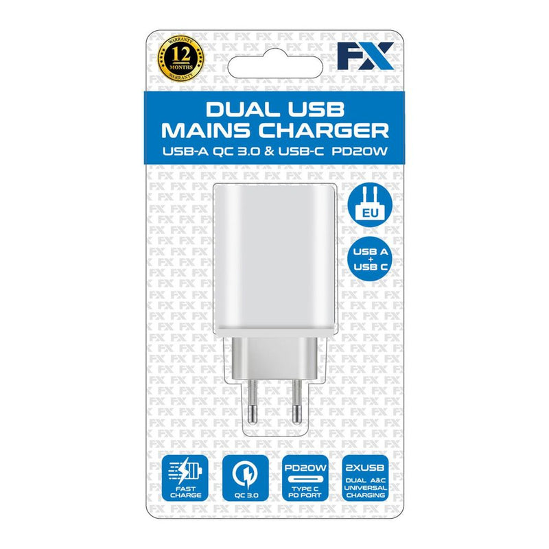FX Dual EU Charger USB-C & USB-A, White - Compact, Portable & Travel-Friendly