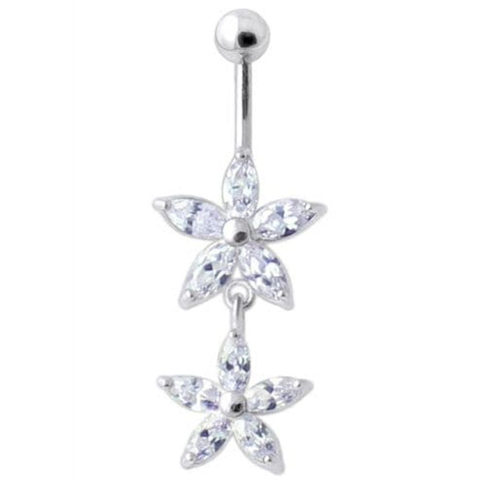 Jeweled Multi Flower Silver Dangling Belly Button Ring