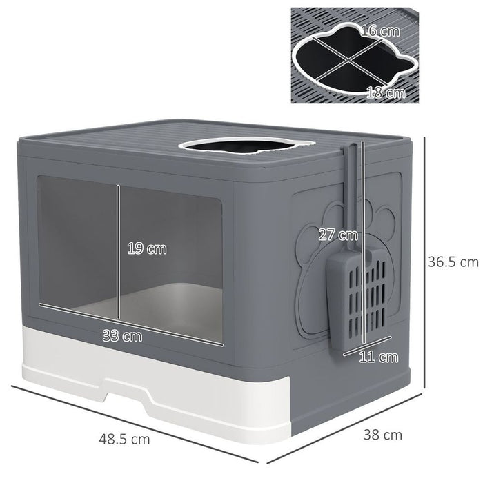 PawHut Hooded Cat Litter Tray - Front Entry, Top Exit, Scoop, Brush