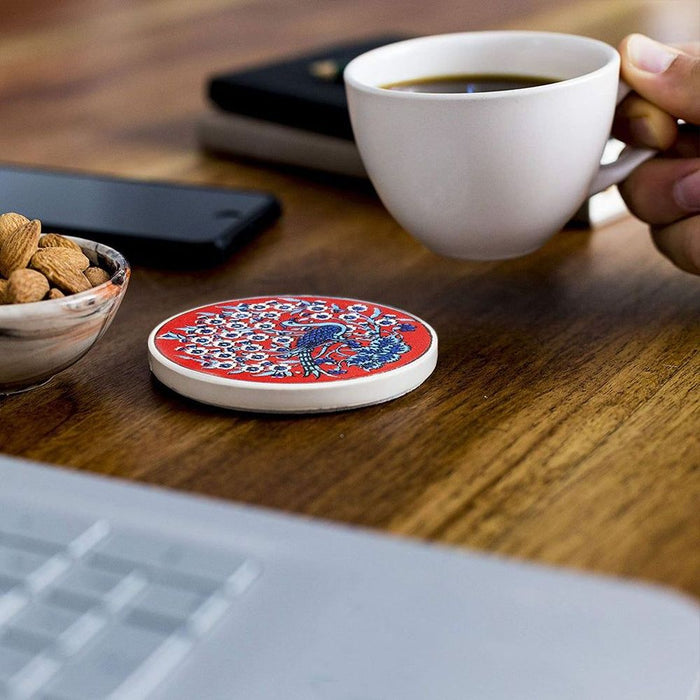 Ceramic Coaster Peacock Red 10cm