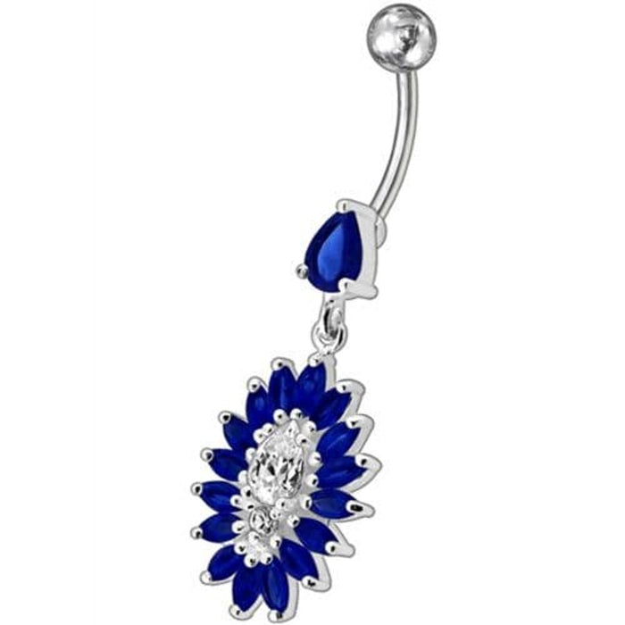 Jeweled Dangling Fancy  Glitter Flower SS Banana Bar Belly Ring Body Jewelry