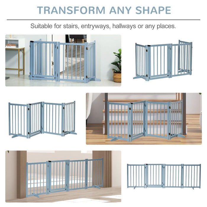 PawHut Freestanding Pet Gate for Small and Medium Dogs, Wooden Foldable Dog Safety Barrier with 4 Panels, 2 Support Feet, 80 cm Tall for Doorways, Stairs Blue-grey