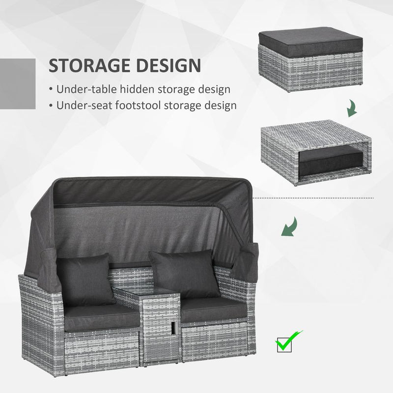 PE Rattan Daybed 2-Seater Sofa Footstool Tempered Glass Table