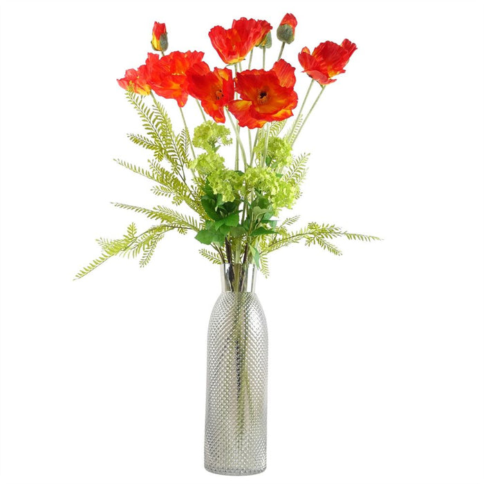 100cm Red Poppy and Fern Glass Vase - Complete Artificial Flower Arrangement for Stunning Home Décor