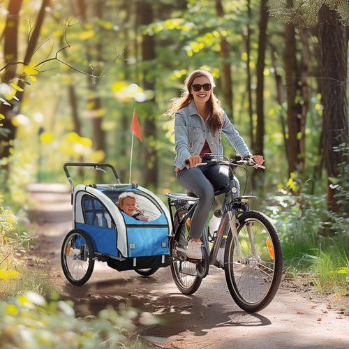 HOMCOM 2 Seat Bike Trailer with 5 Point Harness, for 18+ Months, Blue