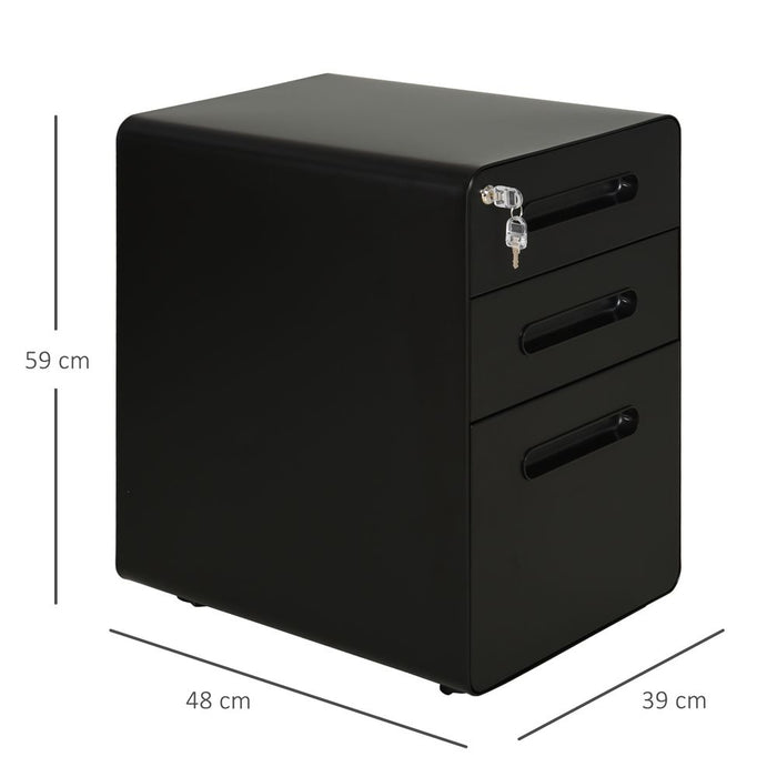 Vinsetto Modern Steel Filing Cabinet - 3 Draw, Lock & Wheels - Black - High-Quality