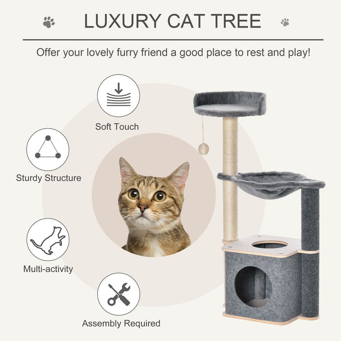 PawHut Cat Tree for Indoor Cats 95cm Climbing Tower Kitten Activity Center with Sisal Scratching Post Perch Roomy Condo Hammock Removable Felt Hanging Toy, Grey