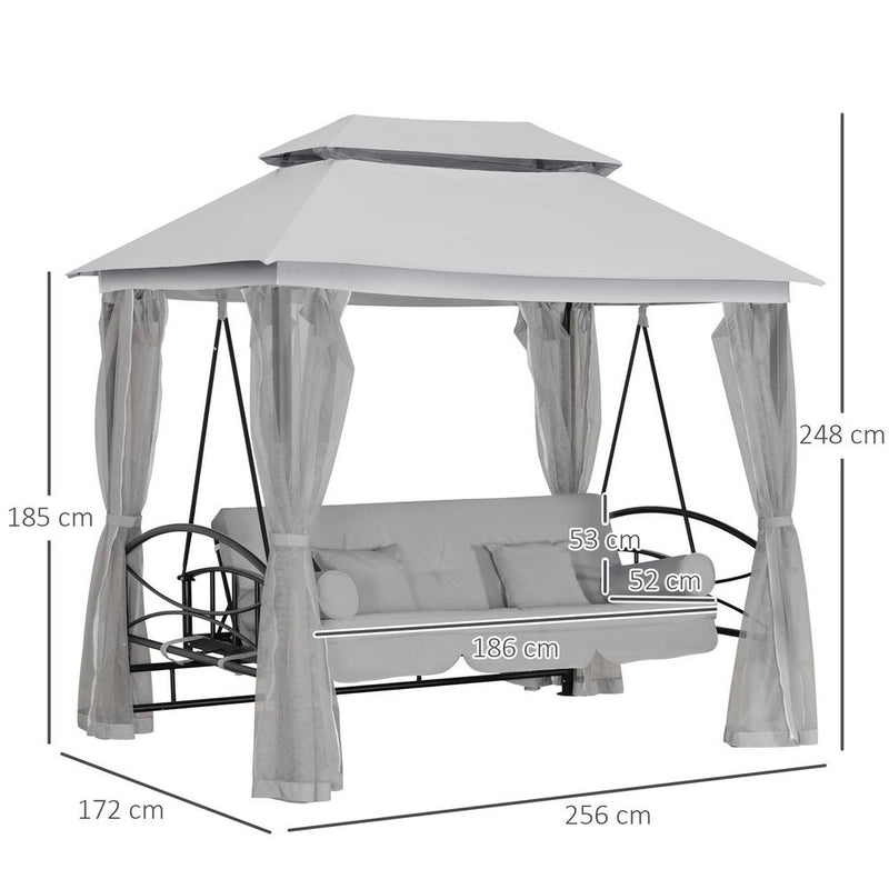 2-in-1 Convertible Swing Chair Bed 3 Seater Hammock Gazebo Cushioned Seat - Grey