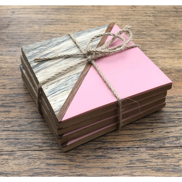 Pink Square 2-Toned Wooden Coasters - Set of 4 | Quality Resin Finish | Decorative & Functional | Best Gift