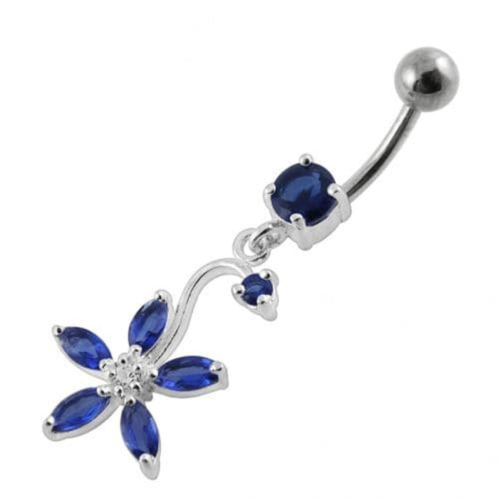 Fancy Multi Stones Flower Dangling Curved Navel Ring