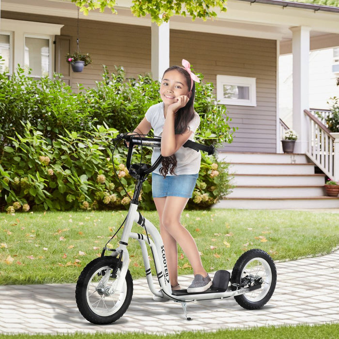 HOMCOM Teen Kids Stunt Scooter Children Kick Scooter Adjustable Handlebar 2 Brakes Ride On 12 Inch Rubber Tyres White For Age 5+