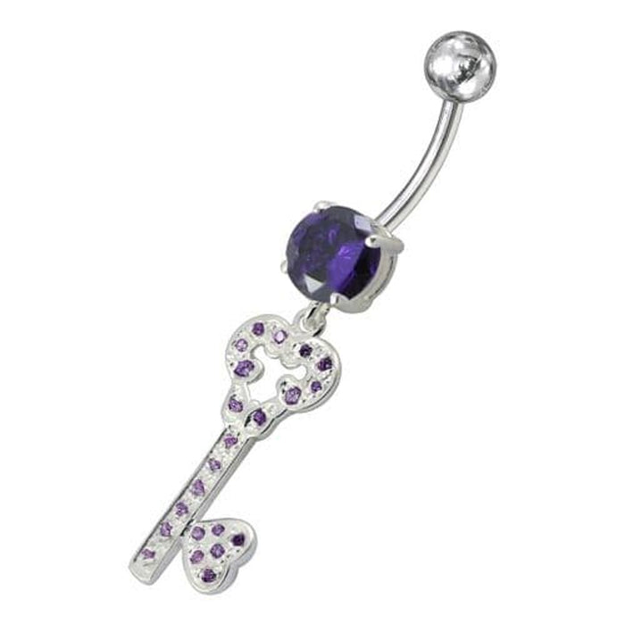 Jeweled Heart Key Dangling Belly Ring