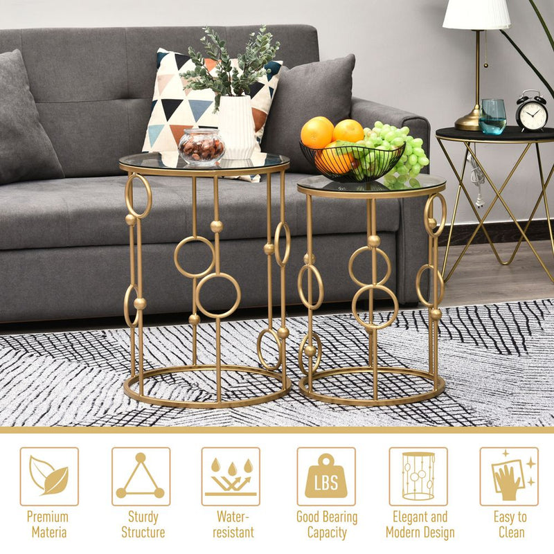 HOMCOM Round Coffee Tables Set of 2, Gold Nesting Side End Tables with Tempered Glass Top, Steel Frame for Living Room, Gold E
